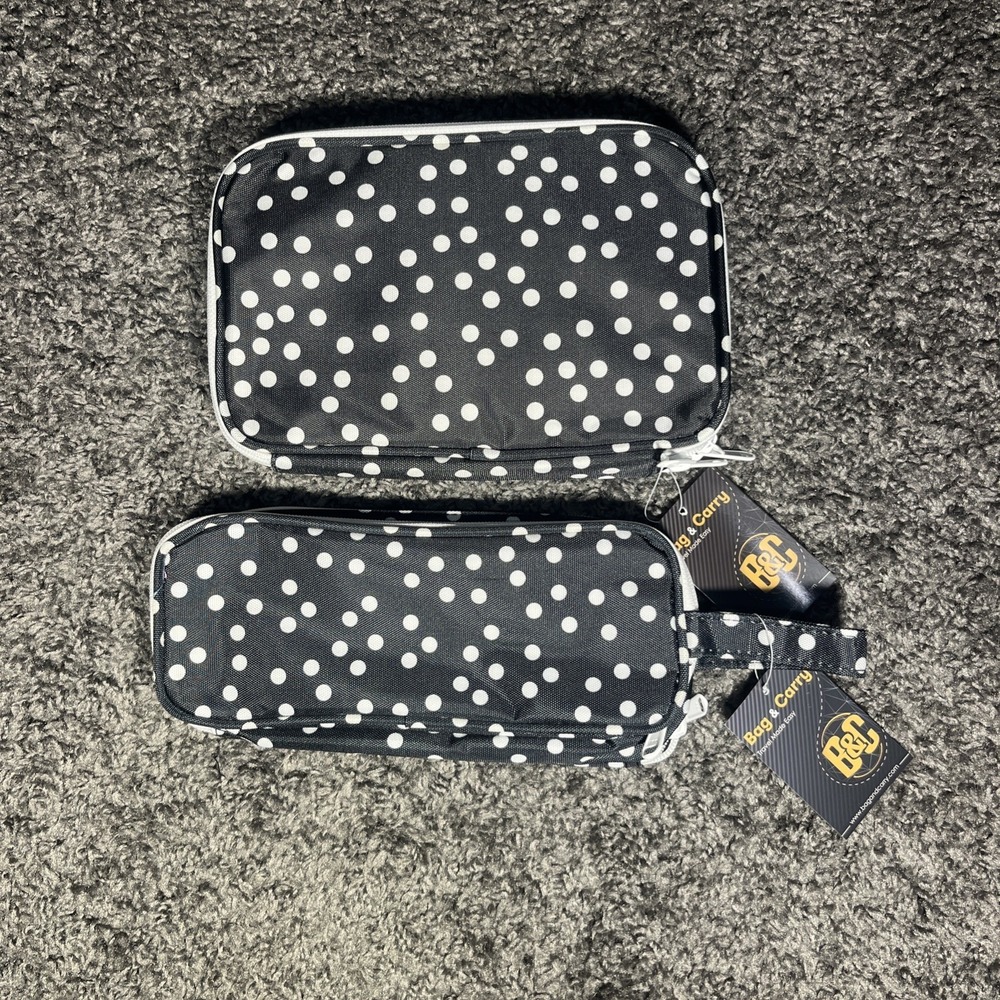 2‎ Piece Travel Set: Jewelry Bag And Cosmetics Bag, Black With White  Polka Dots